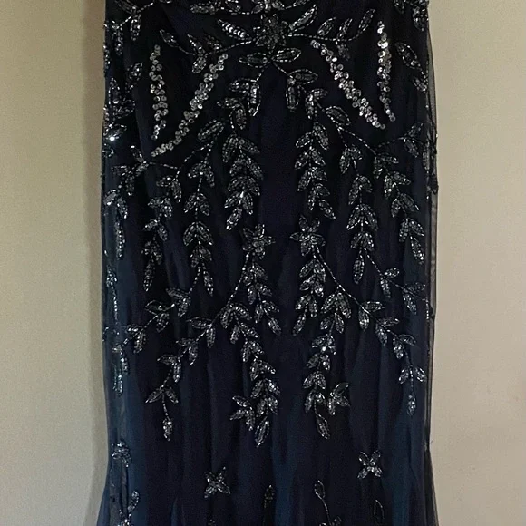MARINA Midnight Blue Gown with Silver Beaded Leaf Design - Picture 3 of 8